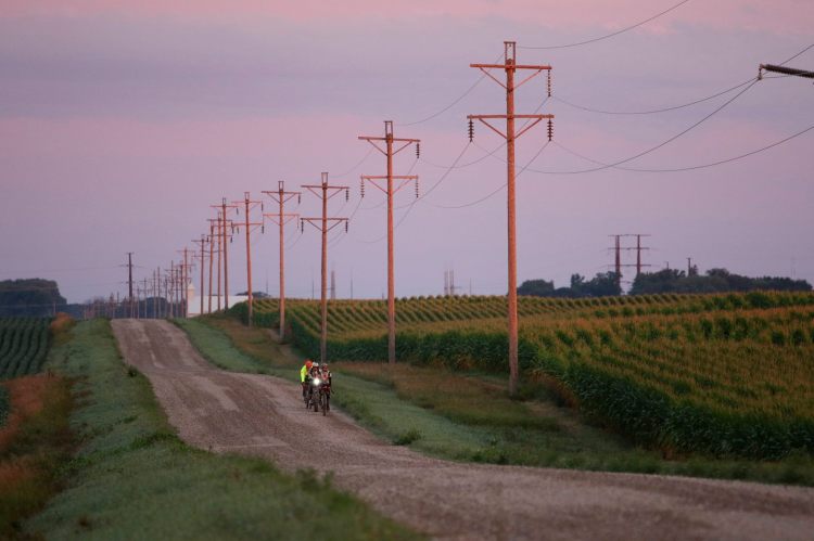 Cyclists racing in the Day Across Minnesota bike race at Sunset